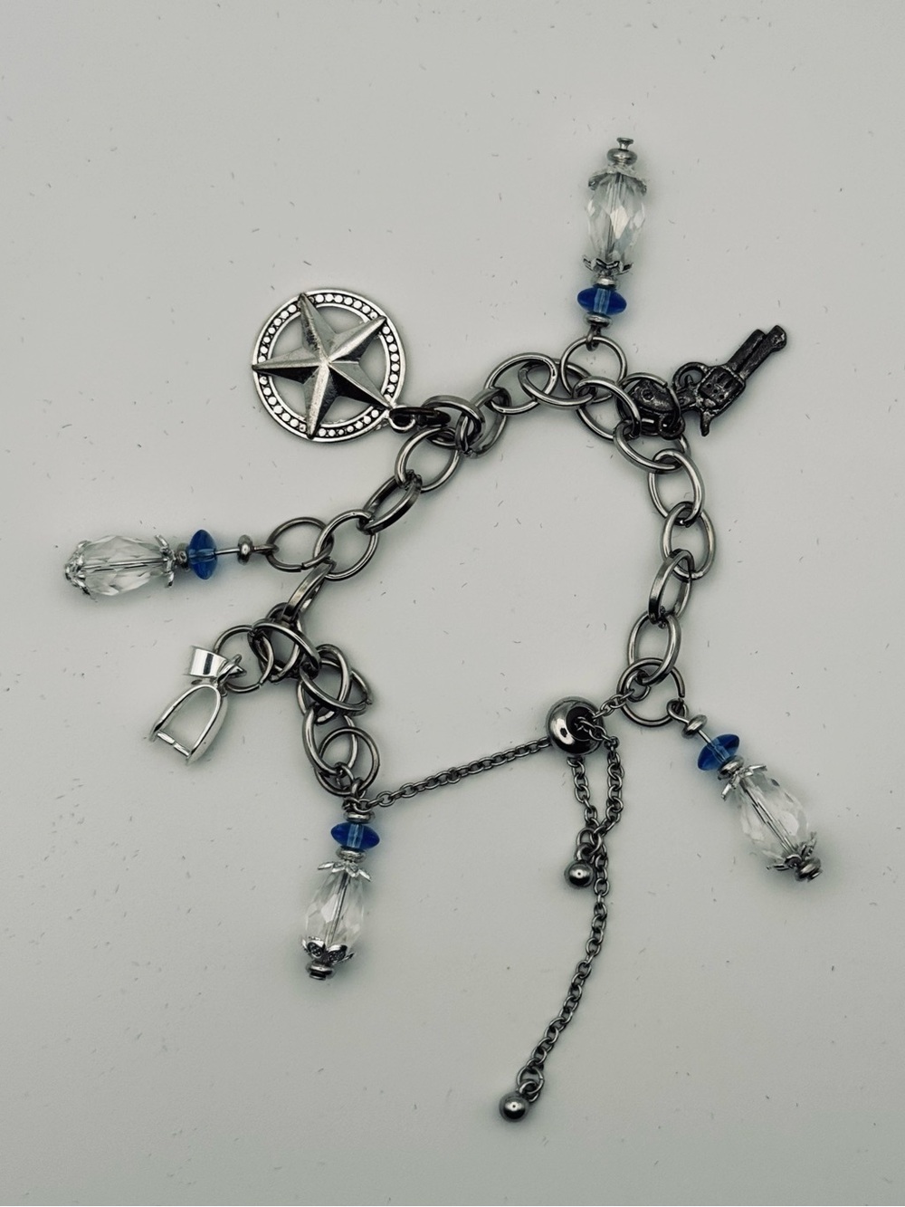 Western Cowgirl Silver Charm Bracelet - Texas Star, Pistol & Stirru